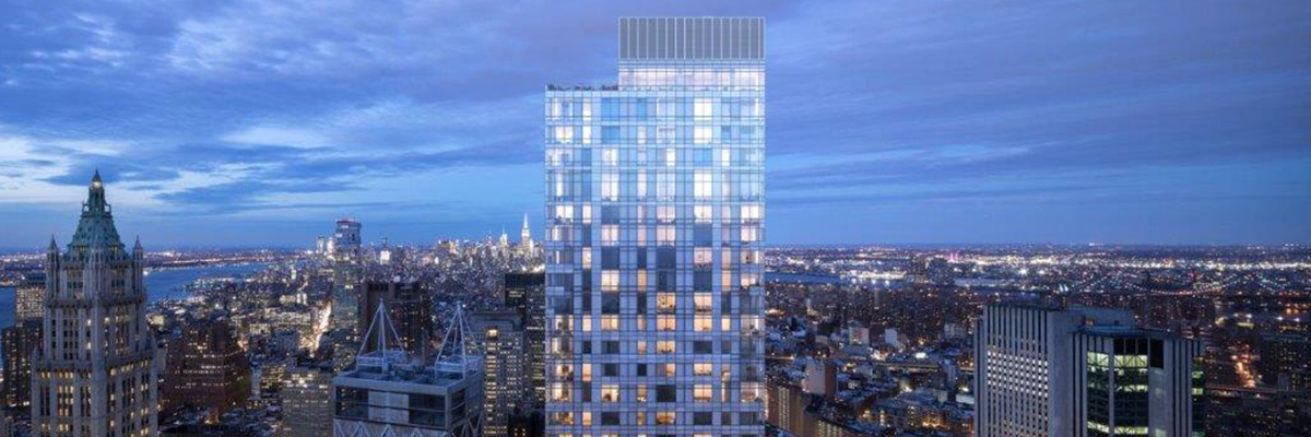 Aerial night time shot of the side of 9 Dutch, a 49-story luxury apartment complex