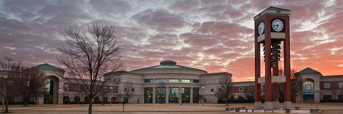 View of a building and clocktower at an Alabama Community College campus