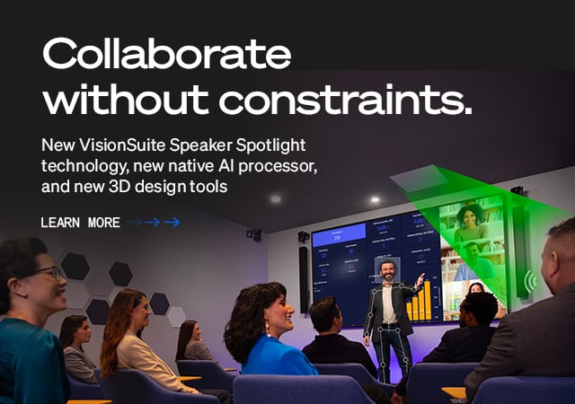Q-SYS VisionSuite banner text reads: 'Collaborate without constraints; New VisionSuite Speaker Spotlight technology, new native AI processor, and new 3D design tools'