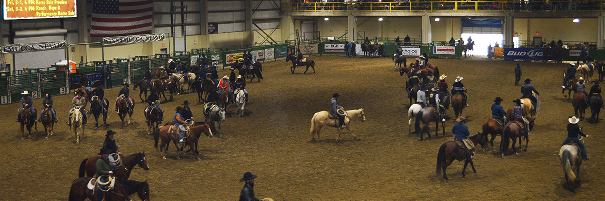 view of the Winnemucca Events Complex filled with dozens participants riding horses
