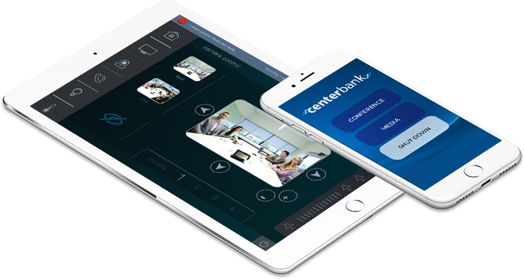 A tablet and smart phone both displaying a Q-SYS User Interface