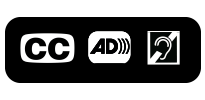 Accessibility icons for closed captions, audio description narration, and assistive listening respectively