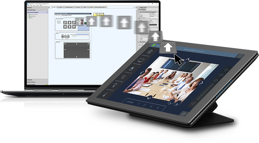 A mouse pointer dragging a UI element of an arrow from a laptop screen onto a QSC touch panel